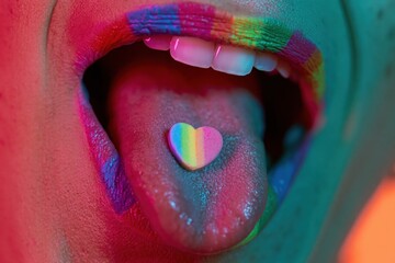 Fototapeta premium The Rainbow Tongue Close-Up with Heart Sticker in Open Mouth