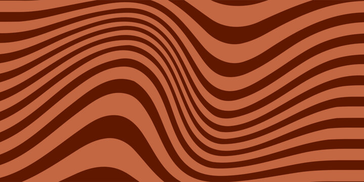 Retro coffee color background. Milk chocolate liquid dessert texture. Wavy swirl candy pattern for poster, cover, banner, pamphlet. Vintage brown trippy hippie wallpaper in 60s or 70s style. Vector