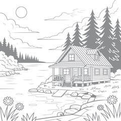 Naklejka premium Abstract rendering of a house by a lake with pine trees, surrounded by mountains and flowers, in a sparse, minimalist style drawing.