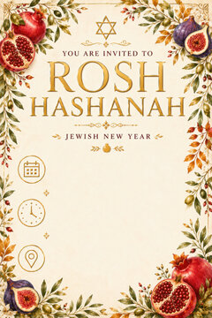 Elegant Rosh Hashanah invitation template with pomegranates, figs and autumn foliage, featuring festive Jewish New Year design, luxury floral border, blank copy space and holiday celebration
