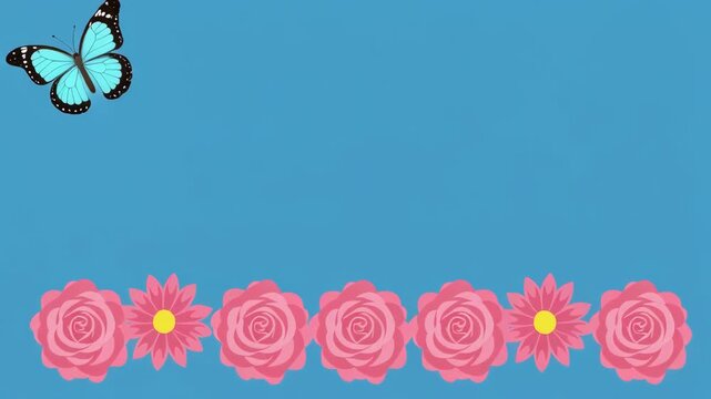 Blue butterflies flutter above blooming pink flowers in a repeating pattern during daylight