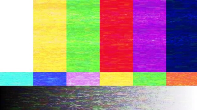 Dynamic television test pattern featuring vivid color bars and grainy static, representing broadcast signal loss, technical malfunction, and a nostalgic media era's visual disruption