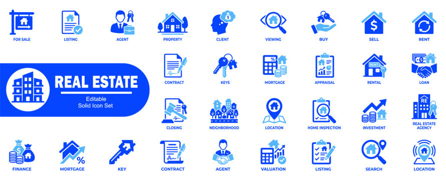 Real estate editable solid icon set. Showing property purchase, investment finance, mortgage appraisal, and home rental services. Editable Stock. Vector Illustration.