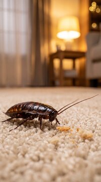 Large brown cockroach crawling on soft beige carpet floor near small crumbs of dry food