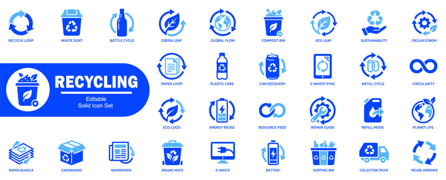 Recycling editable solid icon set. Featuring sustainable waste management, circular economy solutions, and the reuse of materials. Editable Stock. Vector Illustration.