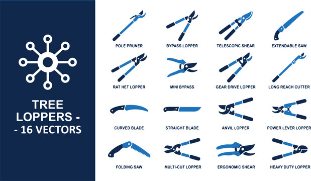 A collection of 16 vector illustrations of various types of tree loppers and pruning tools on a white background for gardening and landscaping purposes with diverse equipment.