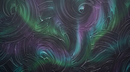 Naklejka premium Northern Lights, wall texture — Dark charcoal base with emerald green, Violet-turquoise, silk swirls, Uniform lighting, 8K