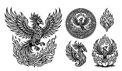 Obraz premium Mythical Phoenix Bird Hand Drawn Vector Illustration