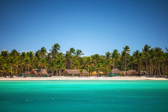 Tropical paradise beach with turquoise water and eco bungalows under palm trees