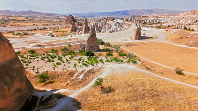 Overhead view of Cappadocia, Turkey desert landscape. Isolated rock formations, open fields and dirt roads frame a distinctive Anatolian travel scene.