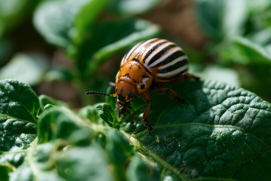 Potato beetle feeds on potato leaves during mid-afternoon in a garden setting showcasing signs of pest activity on crops