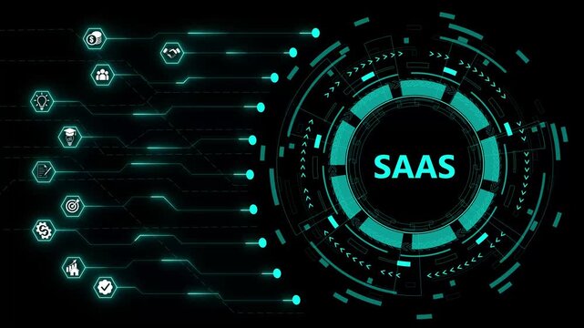Concept of SaaS, software as a service. Cloud software on computers, mobile devices, codes, app server and database. Vector illustration in flat style, isolated on transparent black background.