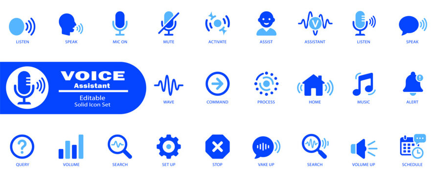 Voice assistant icon set. Editable solid design for listen, speak, assist wave and communication technology. Editable Stock. Vector Illustration.