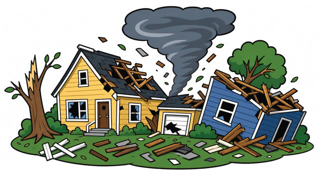 Cartoon illustration of a damaged fence and tree near a house after a storm