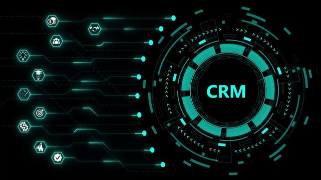 CRM, customer relationship management. Concept with keywords, letters and icons. Colored flat icon animated illustration on transparent technology background.