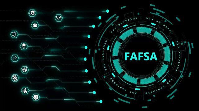FAFSA, Free Application for Federal Student Aid. Concept with keywords, letters and icons. Colored flat neon animated video. Isolated on black background.