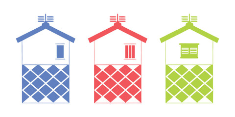Traditional Japanese kura storehouse vector set, oriental warehouse icon in blue red and lime green. © Shofikul islam