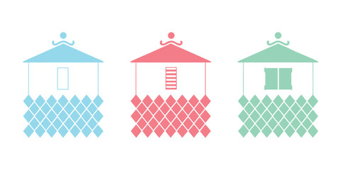 Traditional Japanese kura storehouse vector set, oriental warehouse icon in blue red and green. © Shofikul islam