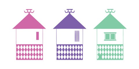 Traditional Japanese kura storehouse vector set, oriental warehouse icon in pink purple and green. © Shofikul islam