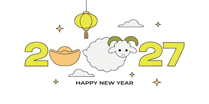 Happy new year 2027 banner, cute sheep zodiac animal with yellow lantern and sycee vector.