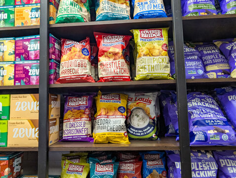 Gaspesie, Quebec, 06 June 2026 : Brands like Covered Bridge potato chips and Zevia soft drinks are displayed on store shelves.