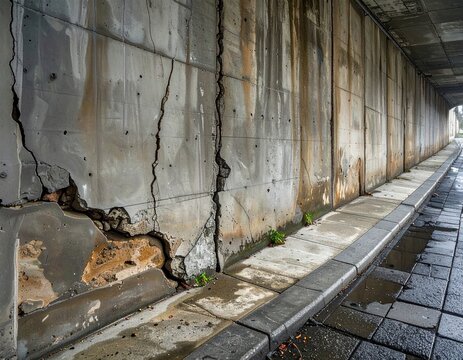 Cracked concrete underpass wall, damp pavement, urban decay