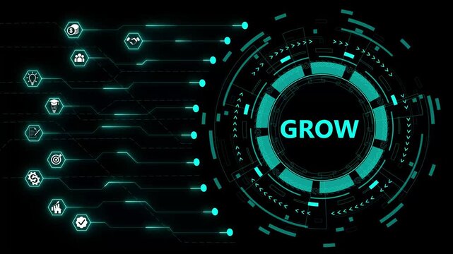 GROW, goal, reality, options, and will. Concept with people, keywords and icons. Flat icons and neon animated. Isolated on black background.