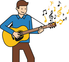 Fototapeta premium Joyful man with acoustic guitar, creating vibrant melodies with musical notes emanating, perfect for creative projects and entertainment themes.