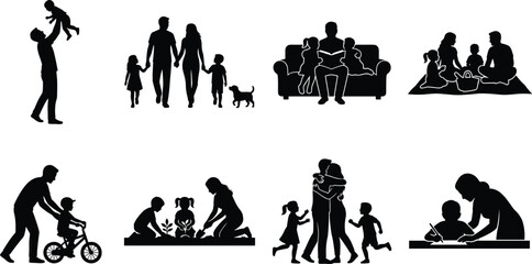 Fototapeta premium Family activity silhouettes showing play, learning, affection, and outdoor lifestyle moments together