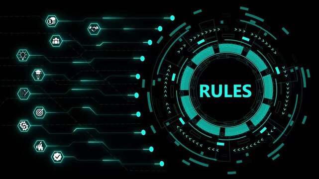 RULES. Concept with people, letters and icons. Colored flat vector neon animation video. Isolated on black background.