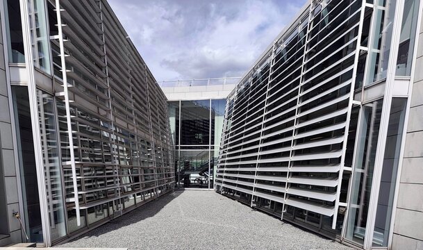 Exterior view of the Black Diamond building in Copenhagen, Denmark, the iconic modern extension of the Royal Danish Library (Det Kongelige Bibliotek). 