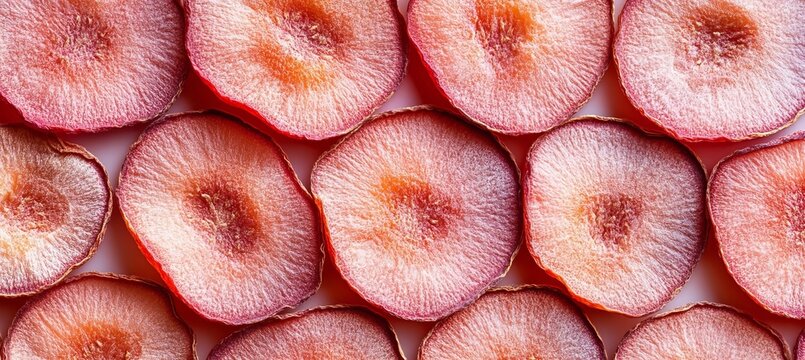 Organic Dried Strawberry Fruit Flatlay Wallpaper Texture With Close Up Overlapping Slices Backdrop.