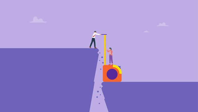 Business people measuring gap between cliff. Gap analysis, measuring resources and strategy to reach target, comparison between current state, challenge and obstacle to overcome to success concept.