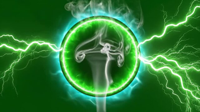 Green energy sphere with swirling smoke and electric arcs, showcasing dynamic movement and transformation through three connected frames in a visually striking display