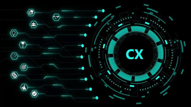 CX, Customer experience. Concept with keywords, letters and icons. Colored flat vector icons animation video.. Isolated on black technology background.