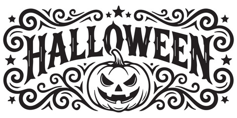 Jack o lantern pumpkin with halloween typography and artistic swirl frame decoration art. © MdNoor