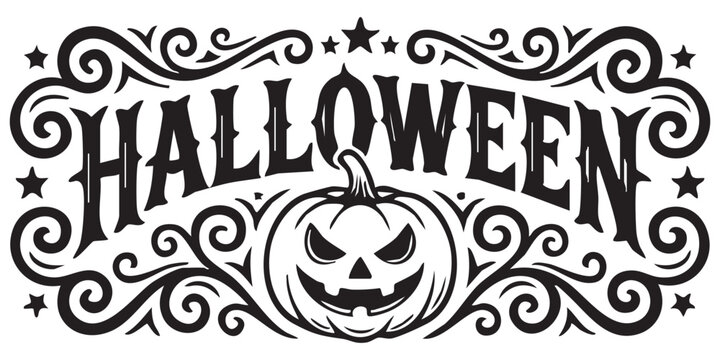Jack o lantern pumpkin with halloween typography and artistic swirl frame decoration art.