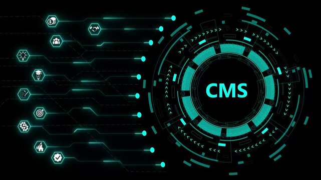 CMS, content management system. Concept with keywords, letters and icons. Colored flat vector icons and neon animated. Isolated on black technology background.