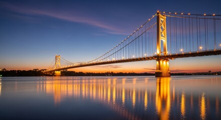 Fototapeta premium Magnificent suspension bridge illuminated at night over calm water with a vibrant orange sunset sky