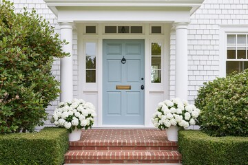 Obraz premium The Light Blue Front Door With White Trim And Potted White Chrysanthemums