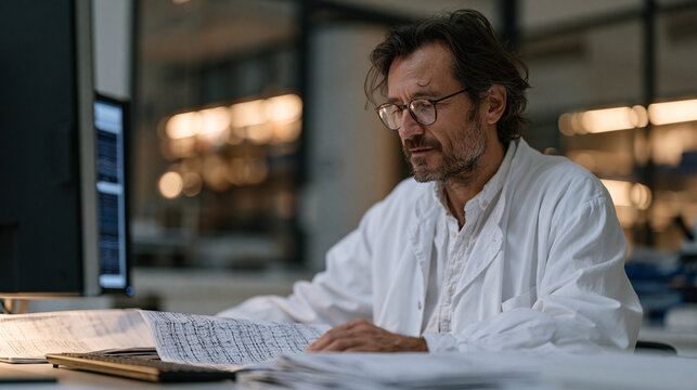 A sleep researcher reviews overnight polysomnography printouts at a desk in a clinical sleep laboratory, electrode charts spread beside a desktop display, sleep medicine,