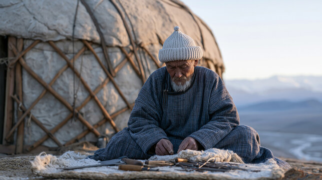 Kazakh nomadic herder repairing a traditional felt dwelling wall panel in early morning outside a mountain camp, wooden lattice frame visible, tools laid across a woven mat, a