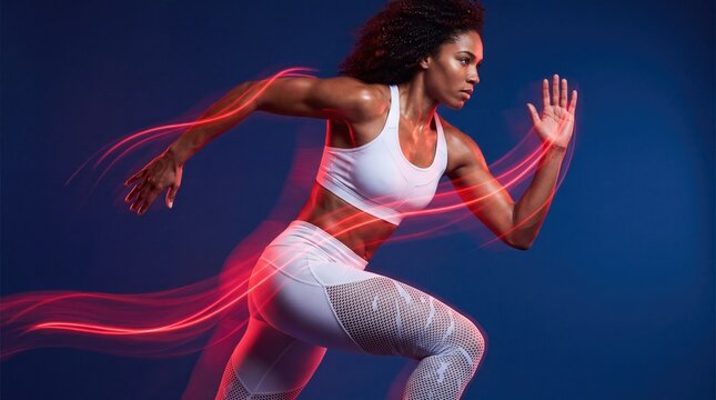 Powerful black female sprinter running with red neon light trails