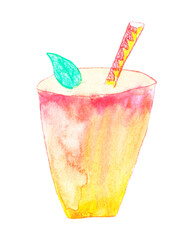 Hand-drawn watercolor children's drawing of a drink in a glass. Pink and Yellow watermelon lemonade with mint leaf, cocktail for children, beach party. © Екатерина Мерзлякова