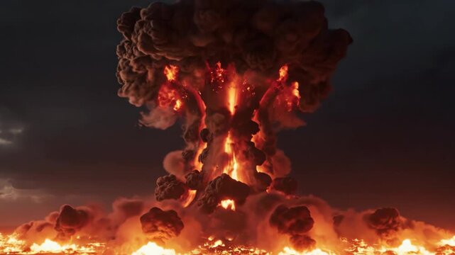 Explosive mushroom cloud rises dramatically from the ground, showcasing fiery orange and red hues against a dark, ominous sky in a powerful visual sequence