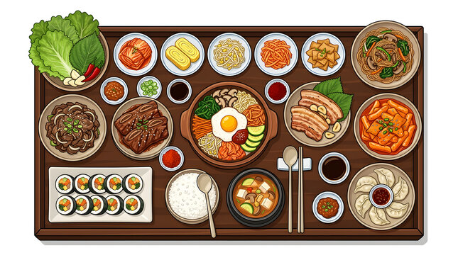 푸짐하게 차려진 한식 상차림 일러스트 - 비빔밥, 불고기, 삼겹살과 다양한 반찬
