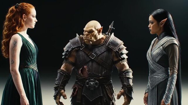 Orc warrior standing between a redheaded woman and an elf in cinematic studio lighting