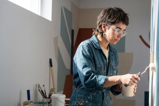 Woman painting an abstract geometric design on a wall, expressing creativity
