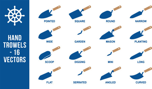Various gardening tools like trowels, shovels, and scoops for planting, digging, and scooping in a garden setting with different shapes and sizes.