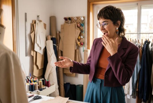 Woman expressing surprise and inspiration working in her fashion design studio